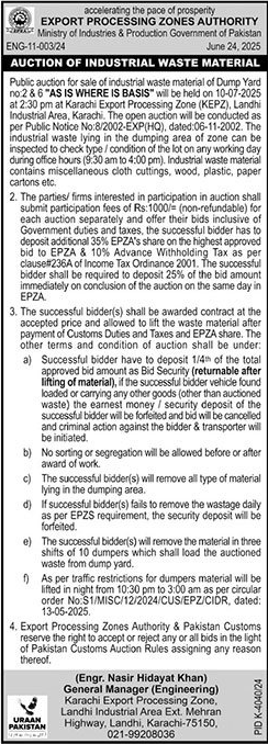 Export Processing Zones Authority Karachi Tender Notice